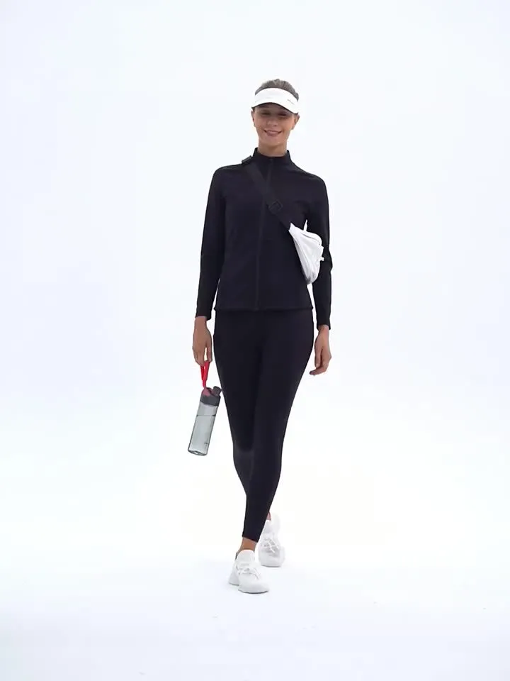 Front Zipper Sports Jacket With Stand Collar  Fitness Long Sleeves Windproof Fleece Tops Warm Up Gym Jacket