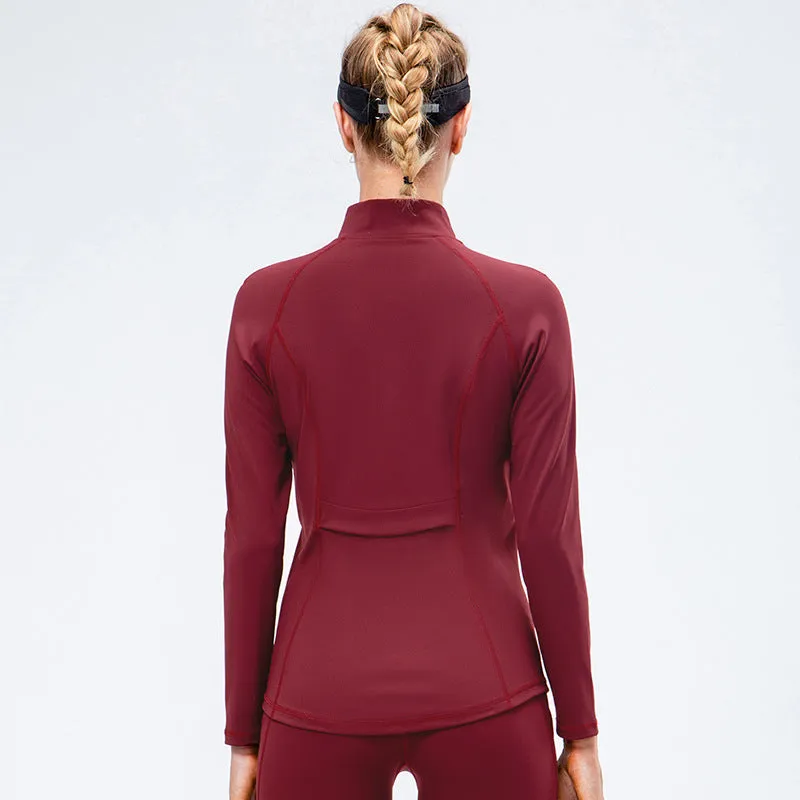 Front Zipper Sports Jacket With Stand Collar  Fitness Long Sleeves Windproof Fleece Tops Warm Up Gym Jacket