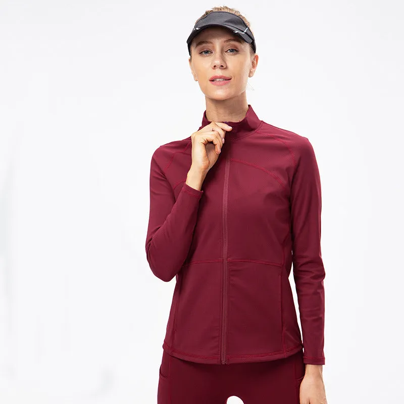 Front Zipper Sports Jacket With Stand Collar  Fitness Long Sleeves Windproof Fleece Tops Warm Up Gym Jacket