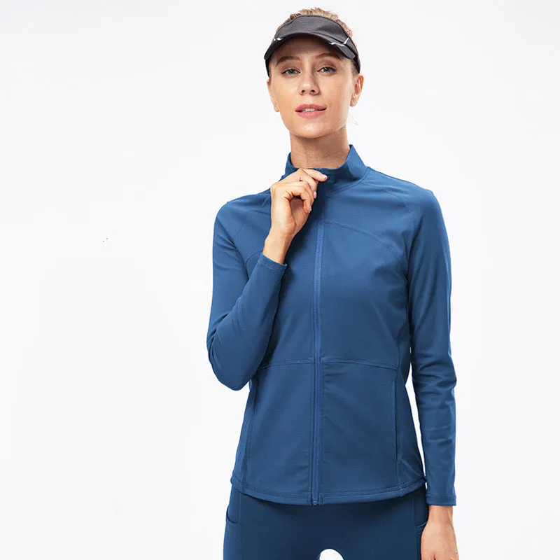 Front Zipper Sports Jacket With Stand Collar  Fitness Long Sleeves Windproof Fleece Tops Warm Up Gym Jacket