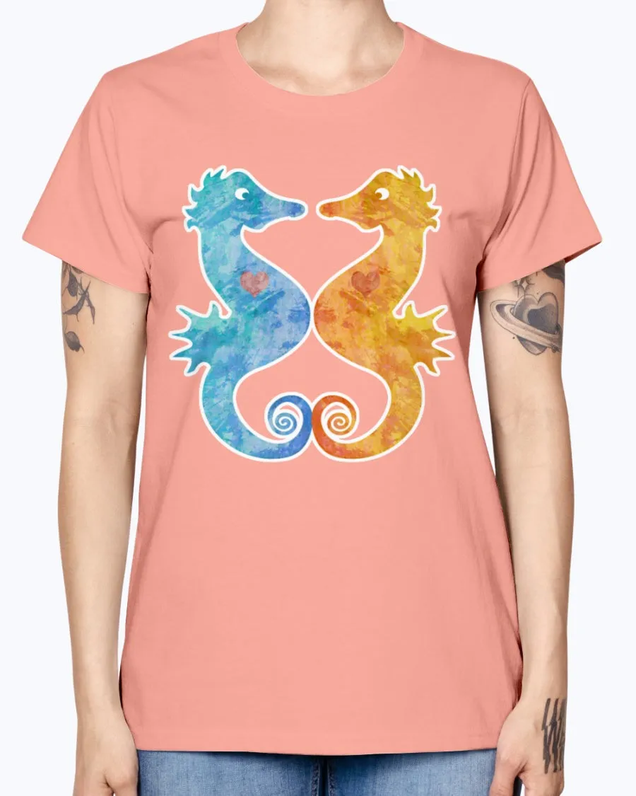 Gildan Ladies Missy T-Shirt. Seahorses in Love