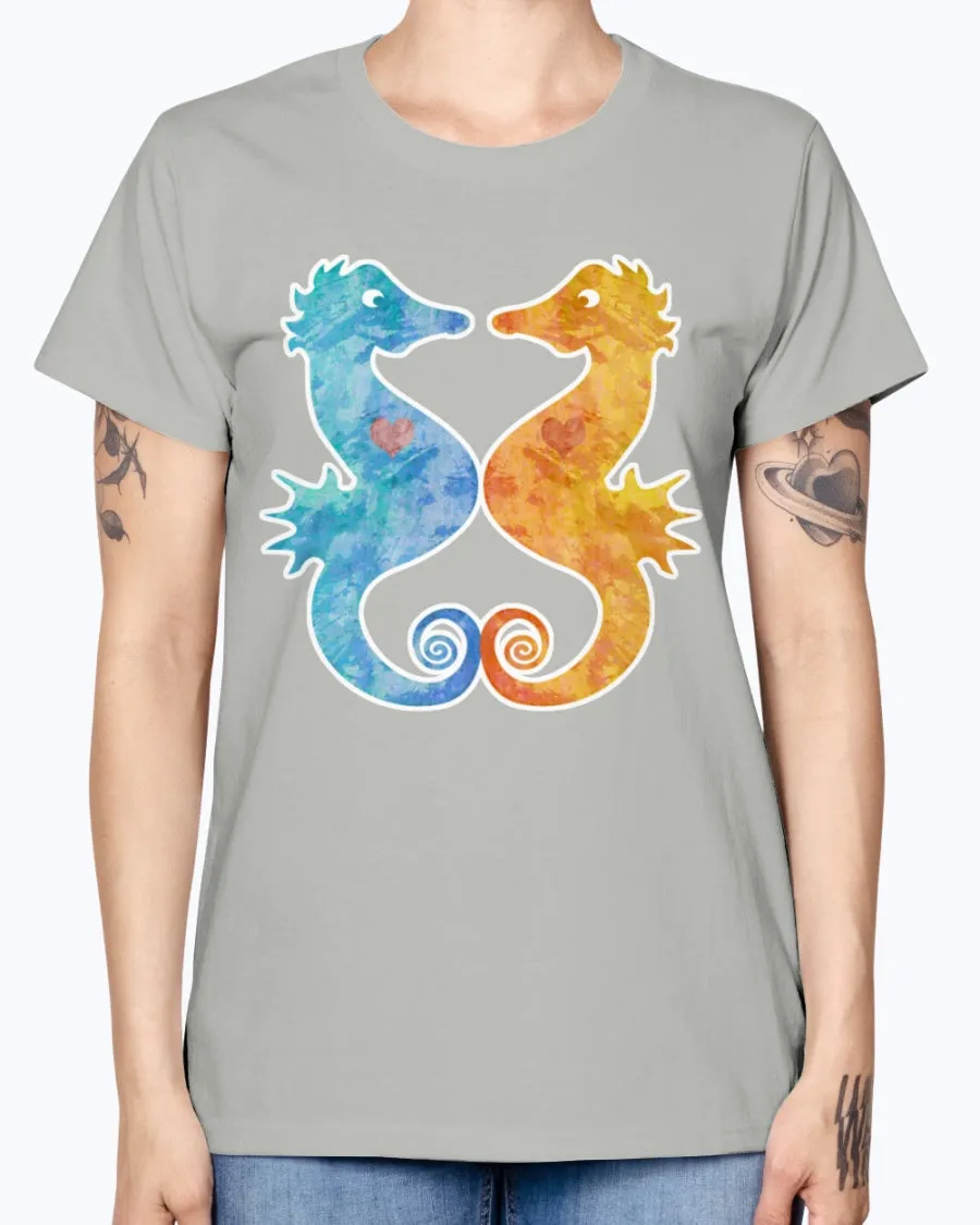 Gildan Ladies Missy T-Shirt. Seahorses in Love