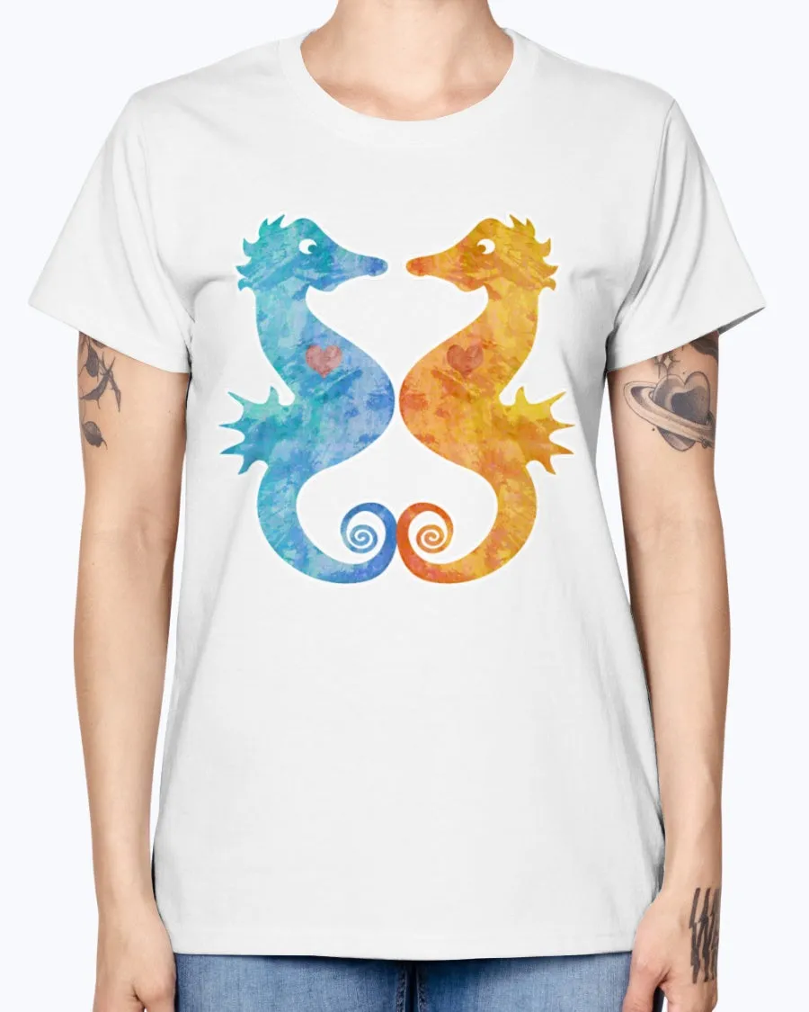 Gildan Ladies Missy T-Shirt. Seahorses in Love