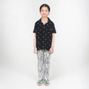 Girls Black Lilen Printed Shirt