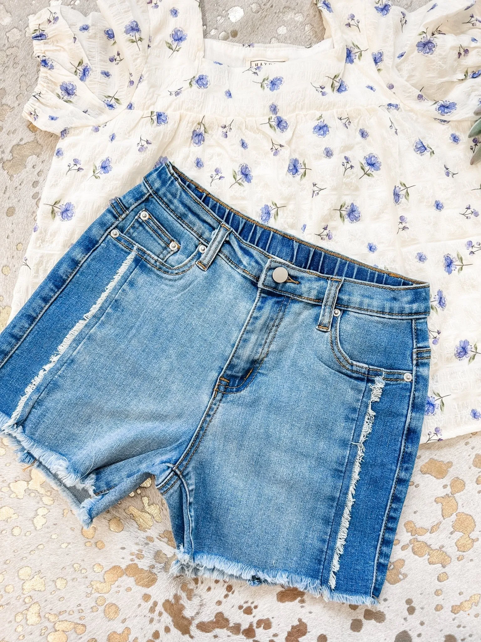 Girls Frayed Colorblock Denim Shorts