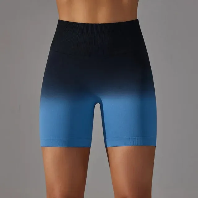Gradient Women Yoga Shorts - Seamless Gym High Waist Workout Push Up Booty Biker Shorts, Tight Fitness Running Sport Leggings