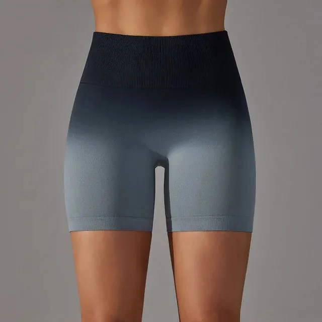 Gradient Women Yoga Shorts - Seamless Gym High Waist Workout Push Up Booty Biker Shorts, Tight Fitness Running Sport Leggings