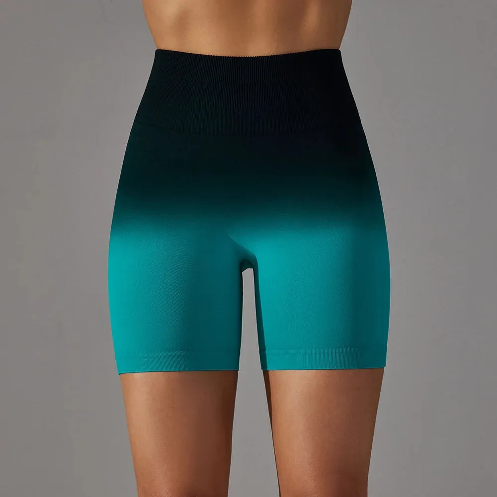 Gradient Women Yoga Shorts - Seamless Gym High Waist Workout Push Up Booty Biker Shorts, Tight Fitness Running Sport Leggings