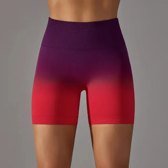 Gradient Women Yoga Shorts - Seamless Gym High Waist Workout Push Up Booty Biker Shorts, Tight Fitness Running Sport Leggings