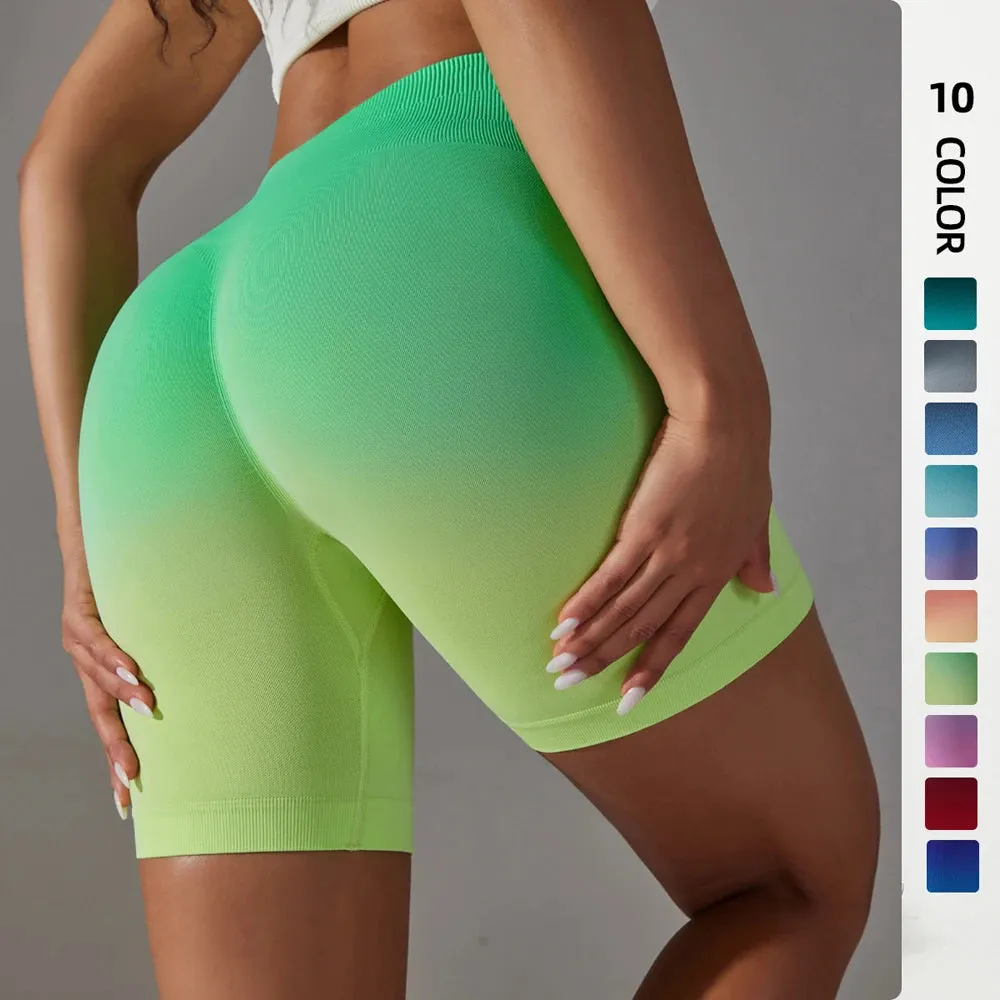Gradient Women Yoga Shorts - Seamless Gym High Waist Workout Push Up Booty Biker Shorts, Tight Fitness Running Sport Leggings