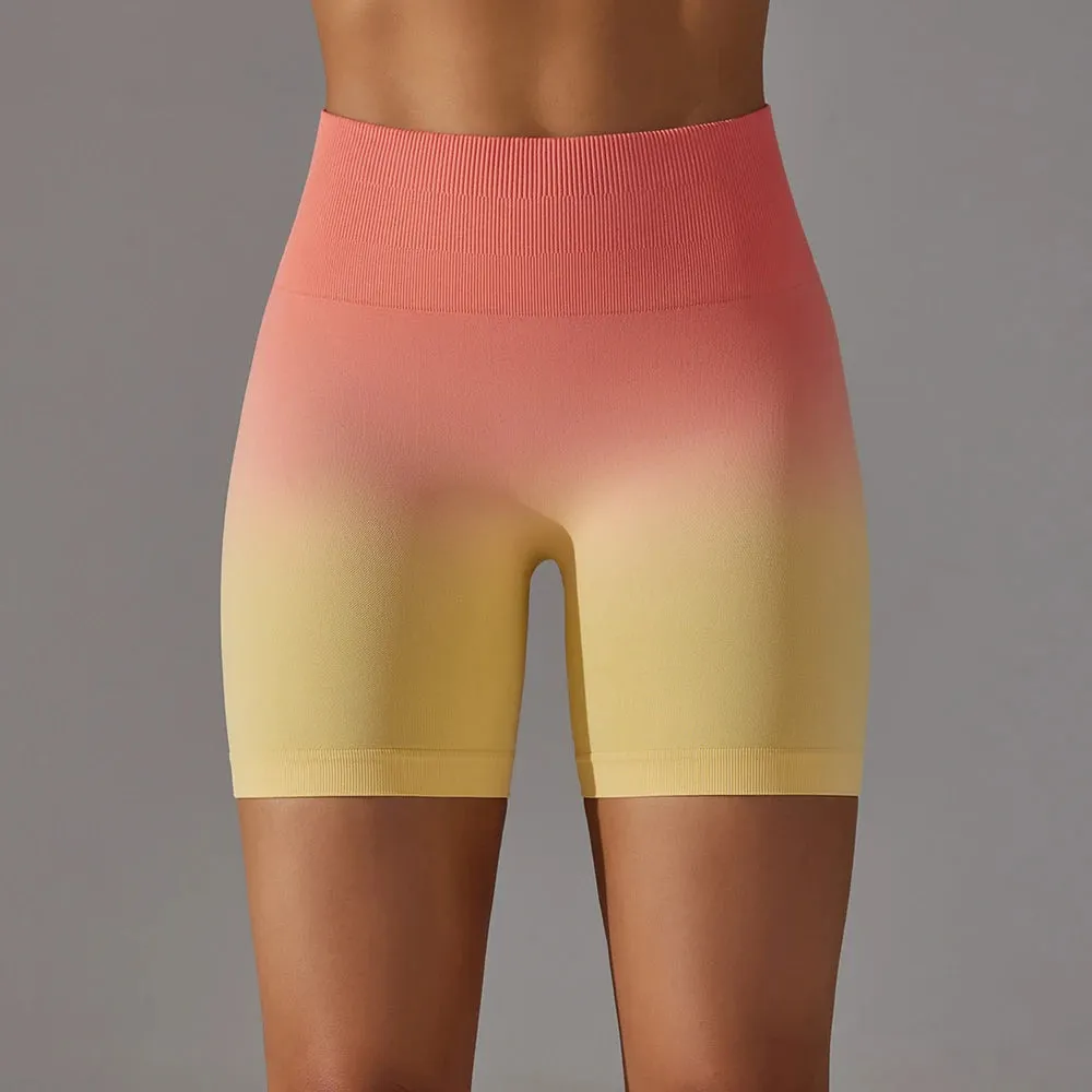 Gradient Women Yoga Shorts - Seamless Gym High Waist Workout Push Up Booty Biker Shorts, Tight Fitness Running Sport Leggings
