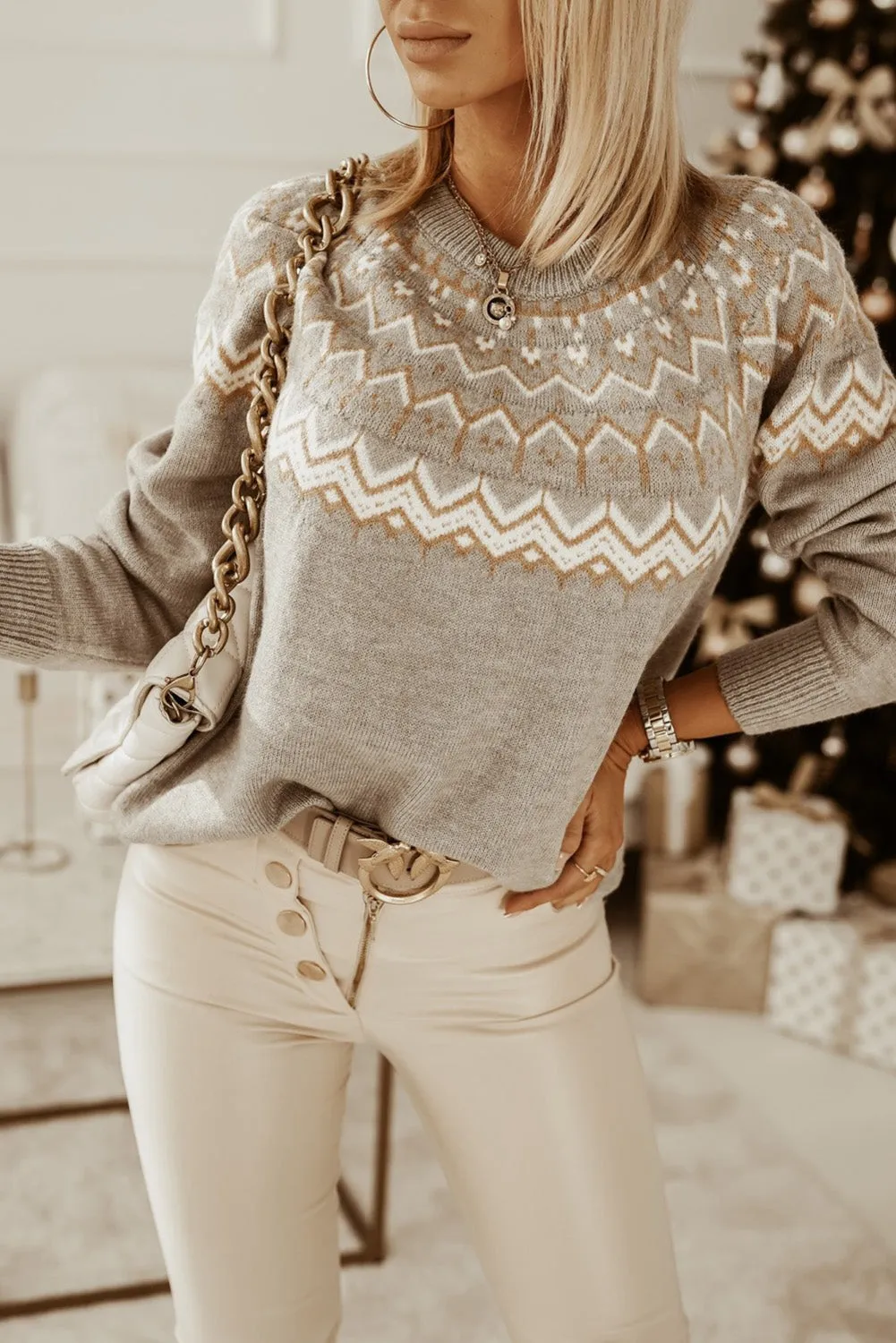 Gray Geometric Pattern Detail Round Neck Sweater