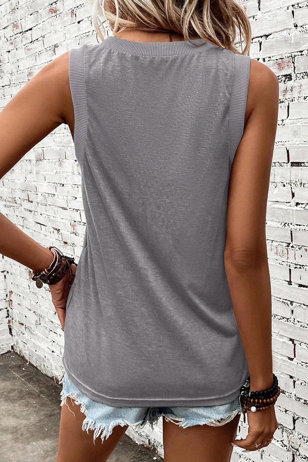 Gray Ribbed V Neck Tank