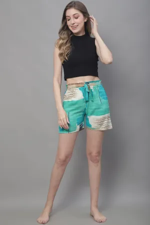 Green Color Abstract Printed Viscose Rayon Shorts For Woman