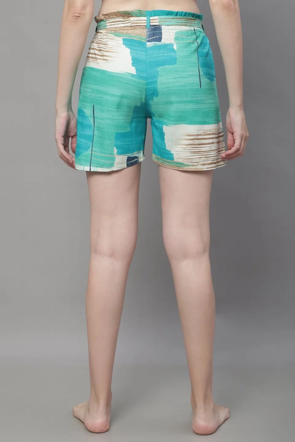 Green Color Abstract Printed Viscose Rayon Shorts For Woman