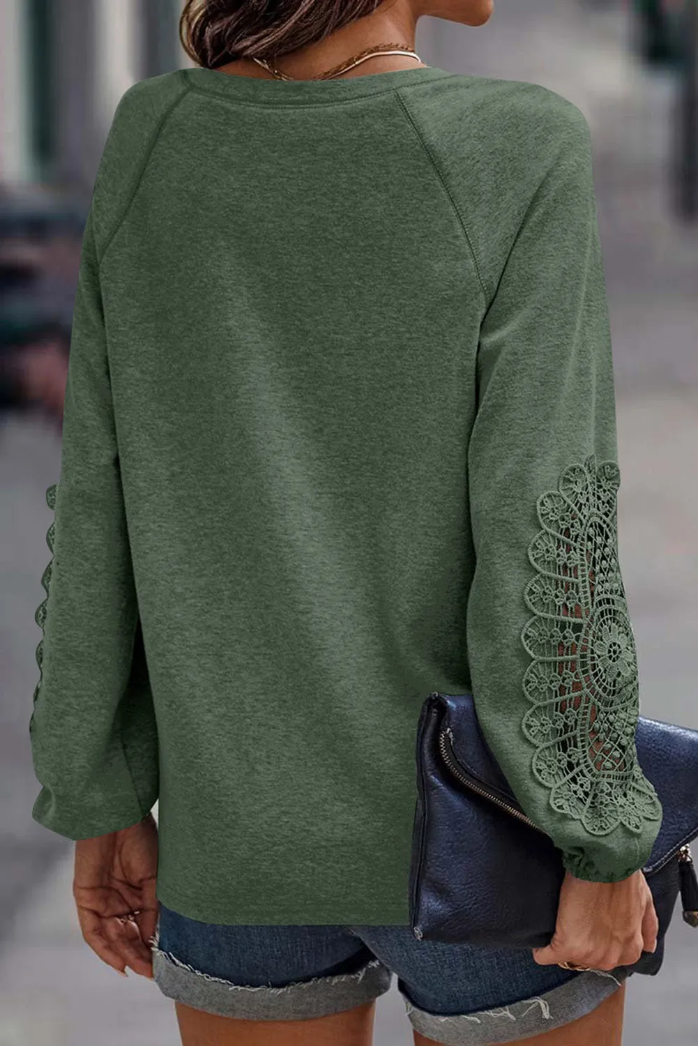 Green Gray Embroidered Long-Sleeve V-Neck Top