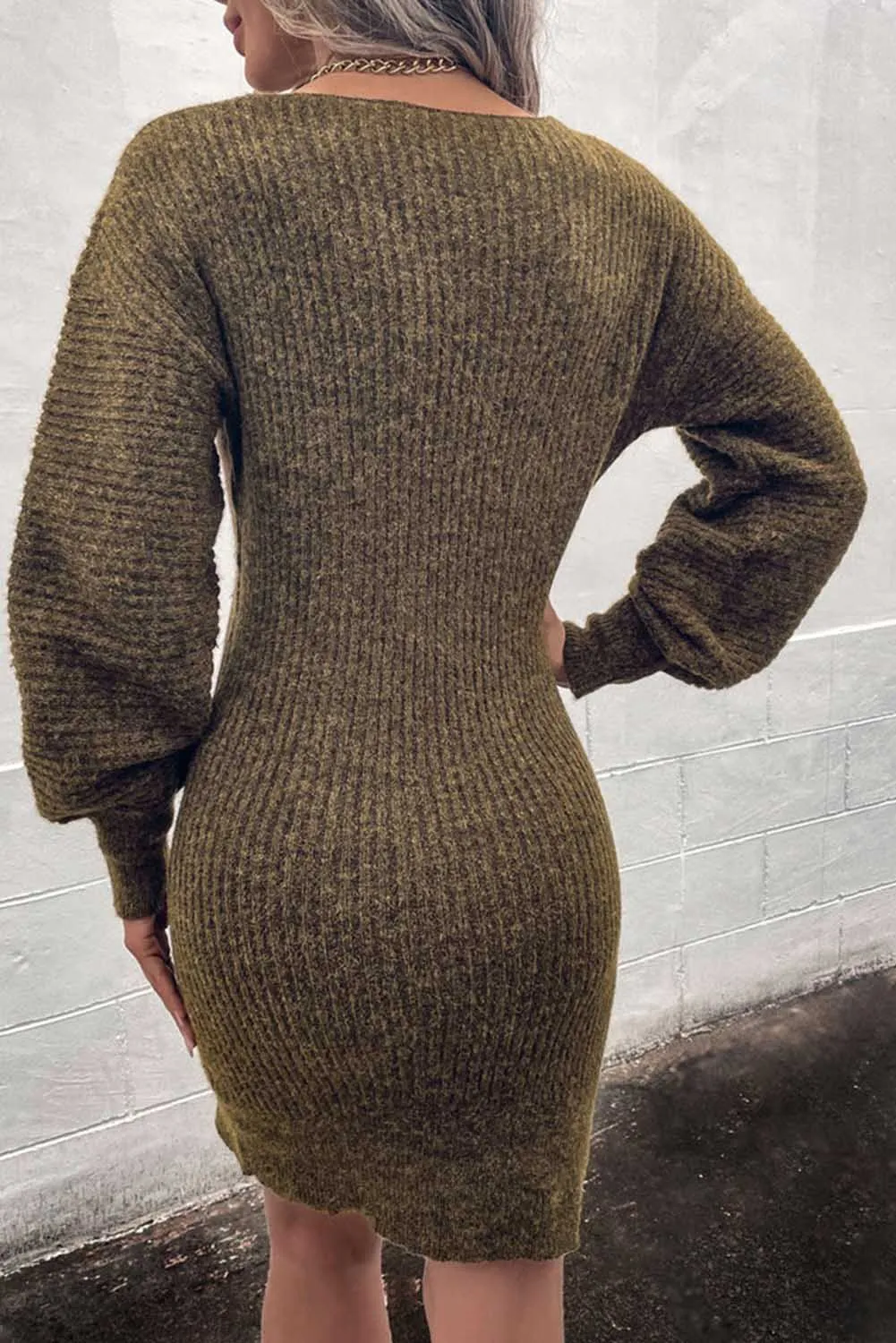 Green V Neck Bodycon Sweater Dress
