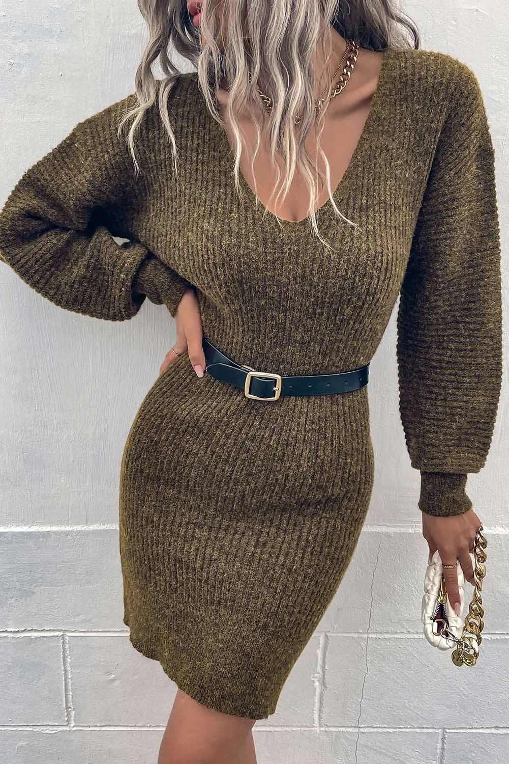 Green V Neck Bodycon Sweater Dress