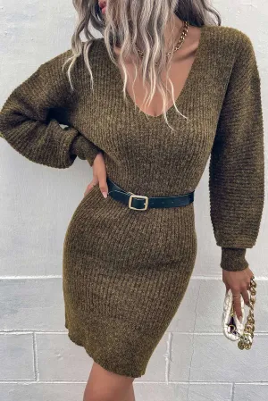 Green V Neck Bodycon Sweater Dress