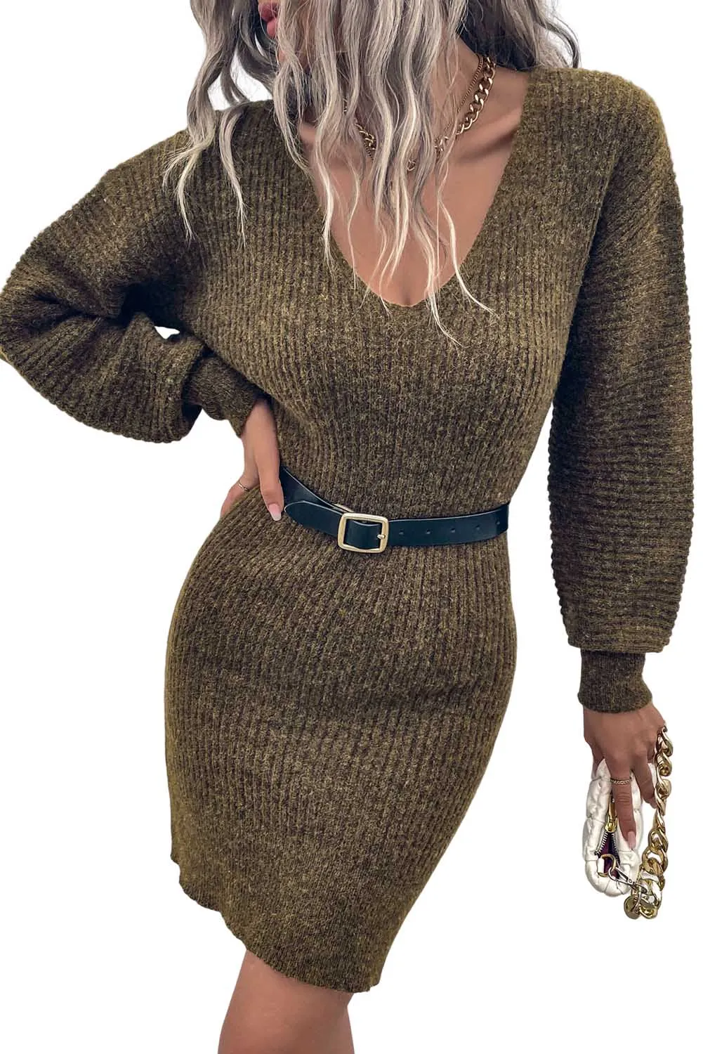 Green V Neck Bodycon Sweater Dress