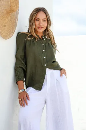 'Greta' Linen Top - Forest Green