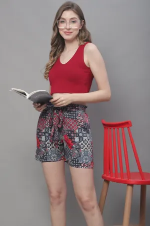 Grey Color Abstract Printed Viscose Rayon Shorts For Woman