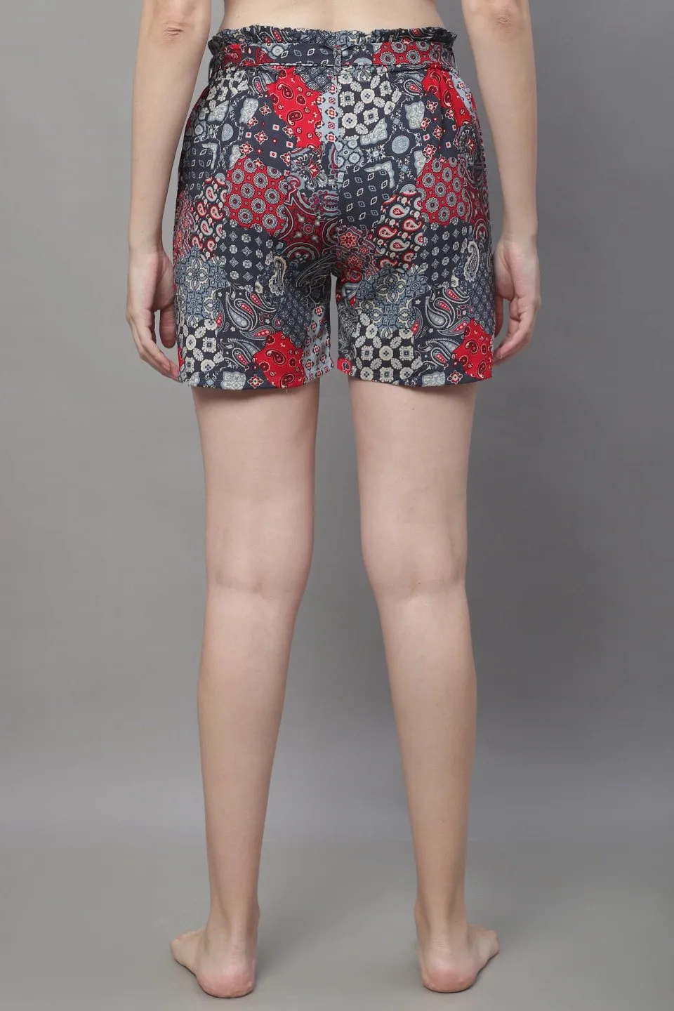 Grey Color Abstract Printed Viscose Rayon Shorts For Woman
