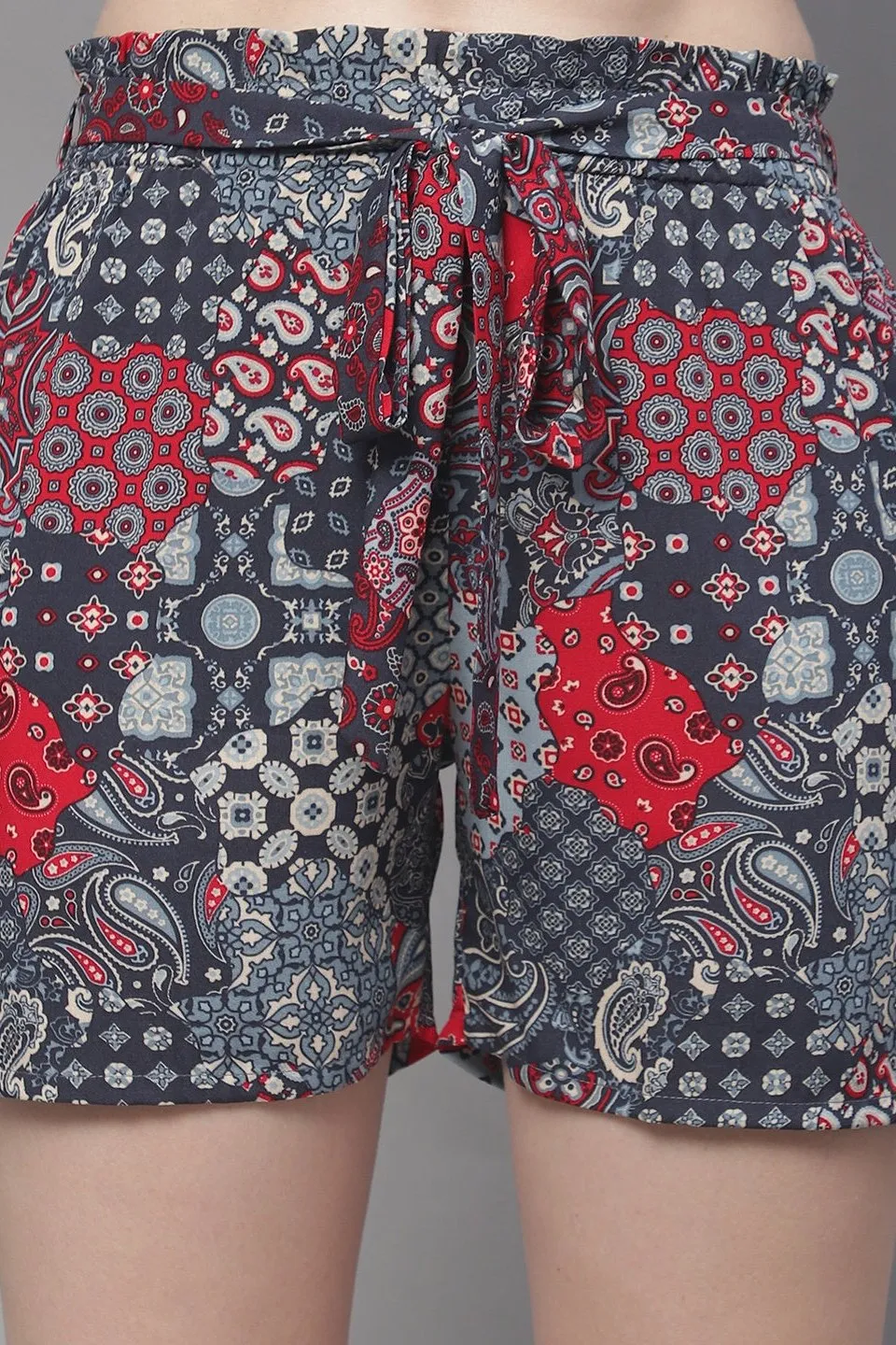 Grey Color Abstract Printed Viscose Rayon Shorts For Woman