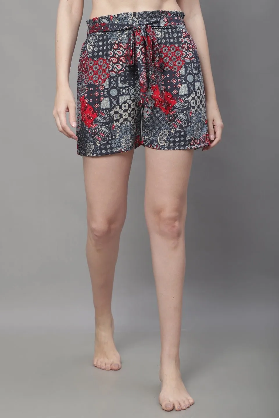 Grey Color Abstract Printed Viscose Rayon Shorts For Woman