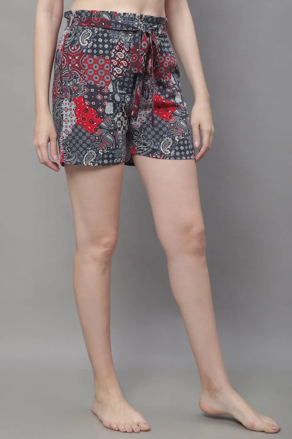 Grey Color Abstract Printed Viscose Rayon Shorts For Woman