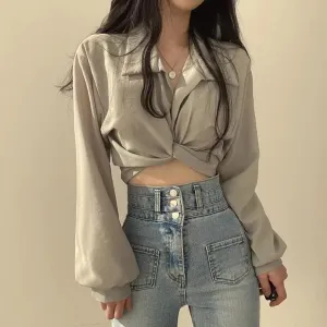 Grey Knotted Puff Sleeved Shirt