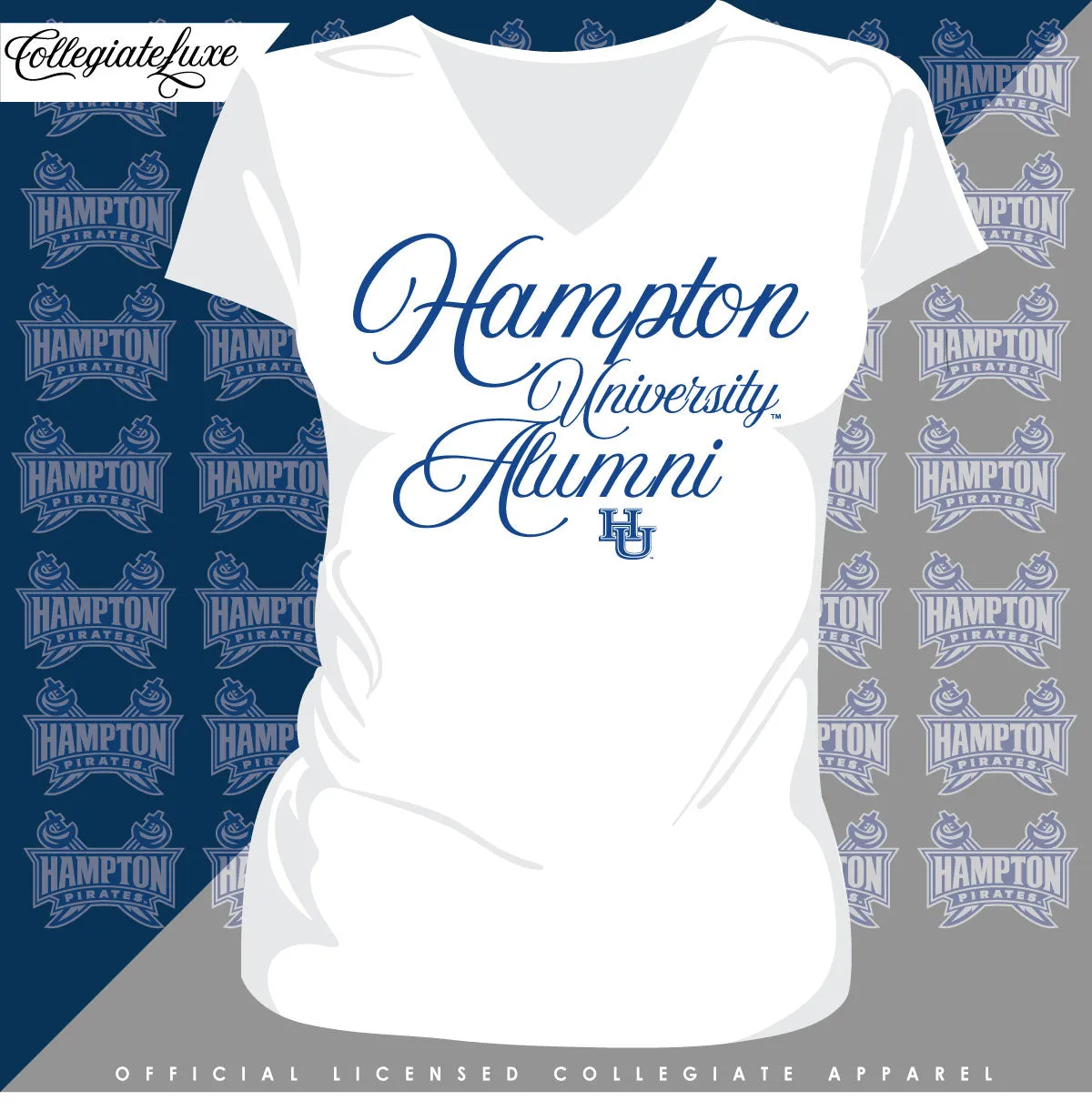 Hampton U | Script Logo White Ladies V-Neck Tees (**)