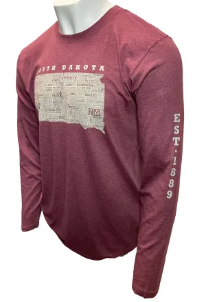 Hometown South Dakota Long Sleeved Tee Shirt-Vintage Burgundy