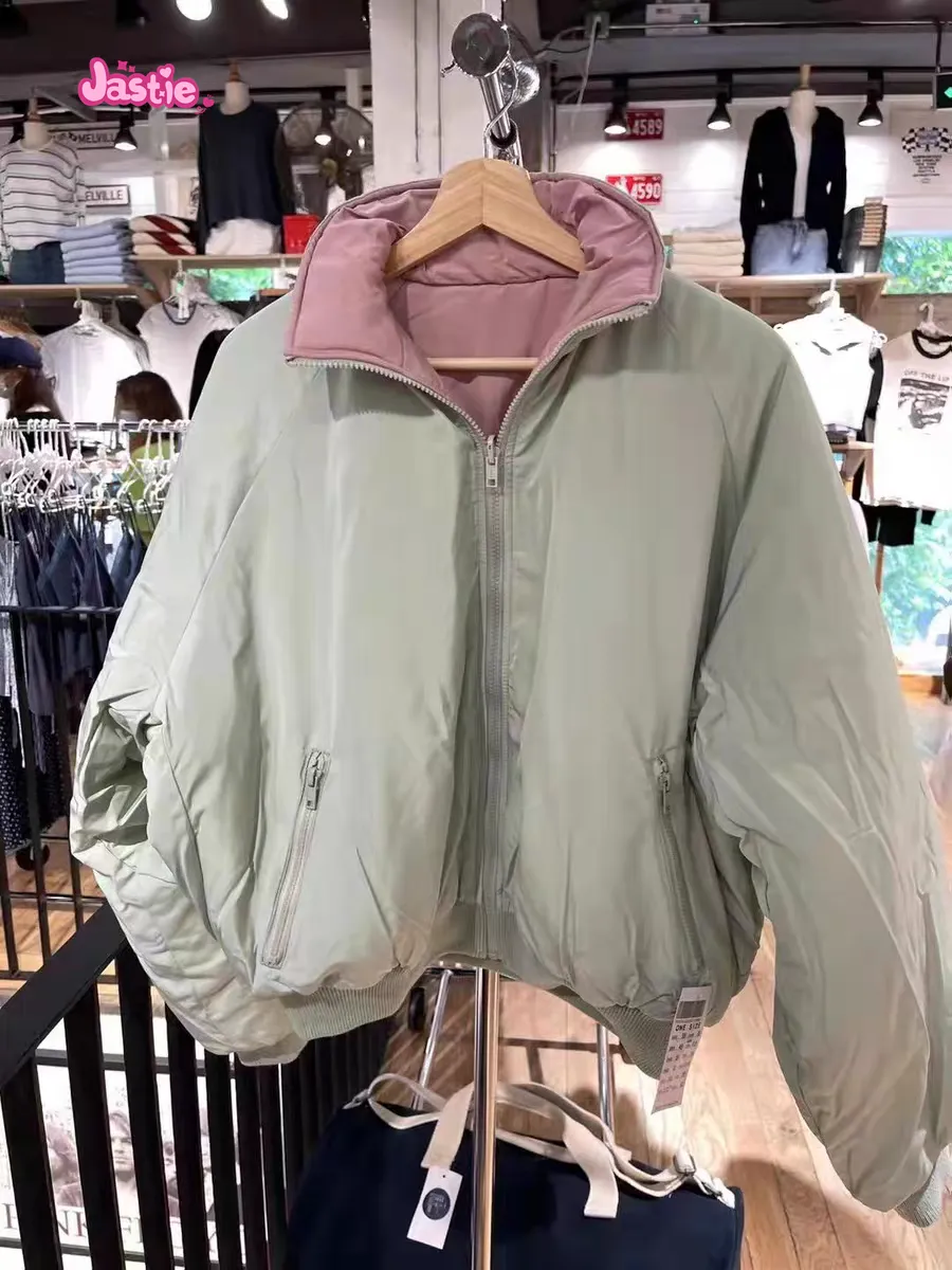 JazzHer 2025 Double-sided Cotton Coats Autumn Winter Jacket Y2k American Vintage Loose Women Coat Stand Collar Warm Zipper Outerwear