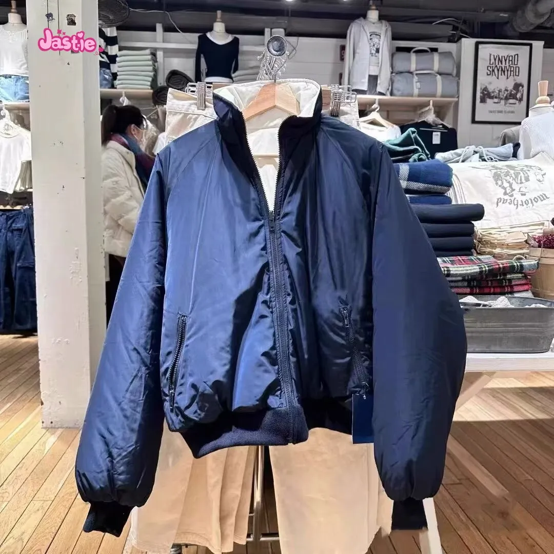 JazzHer 2025 Double-sided Cotton Coats Autumn Winter Jacket Y2k American Vintage Loose Women Coat Stand Collar Warm Zipper Outerwear