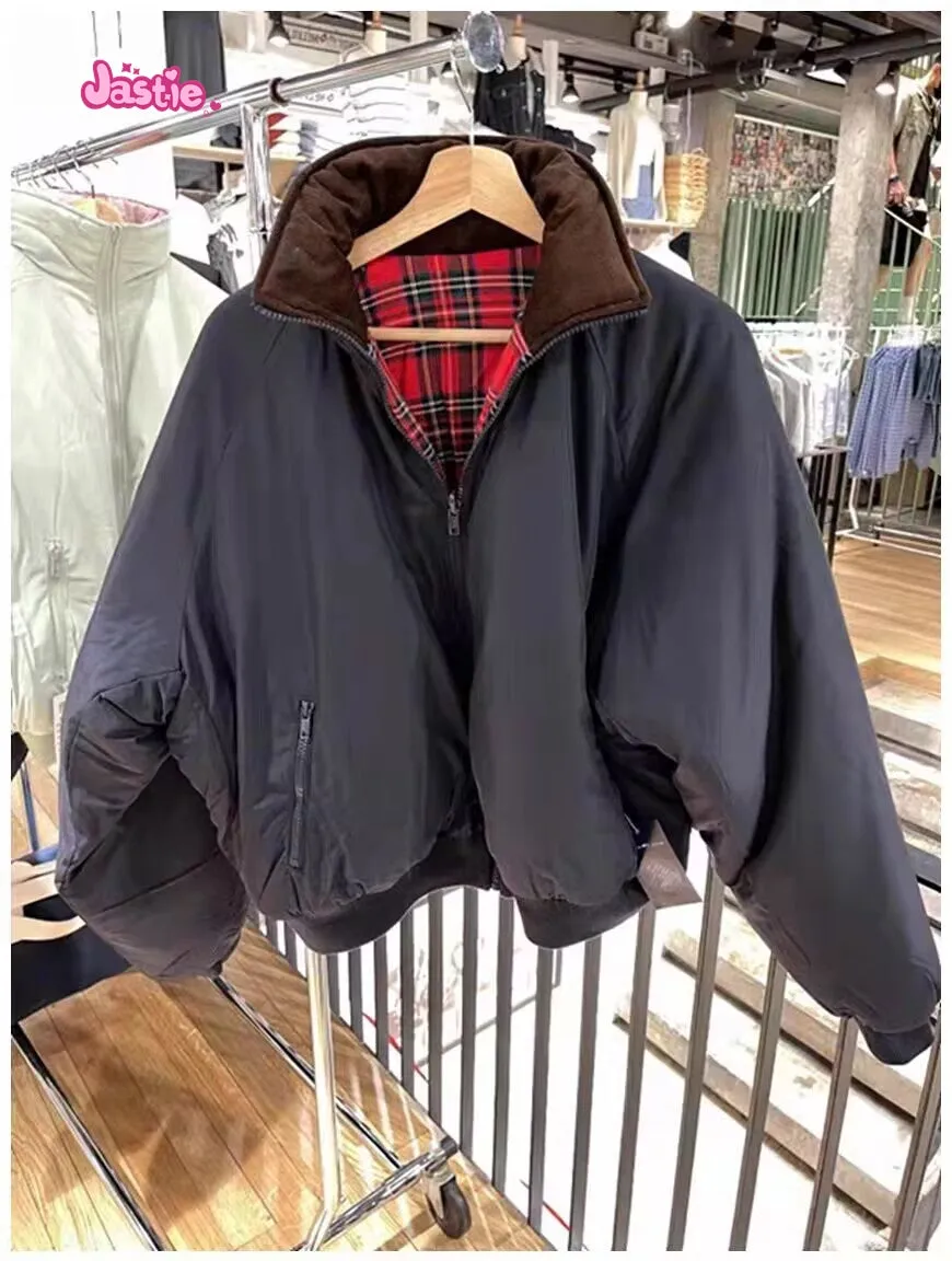 JazzHer 2025 Double-sided Cotton Coats Autumn Winter Jacket Y2k American Vintage Loose Women Coat Stand Collar Warm Zipper Outerwear