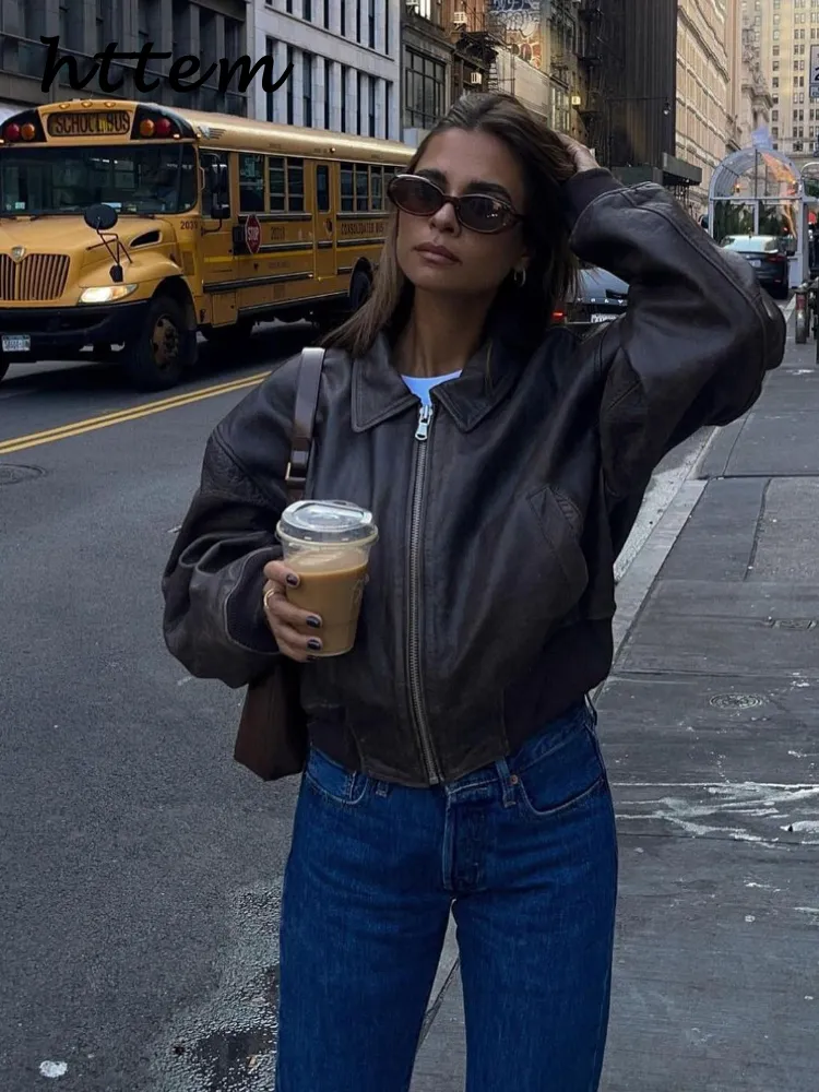 JazzHer Vintage Street Short Leather Jacket Women Loose Lapel Zipper Long Sleeve Patchwork Coats 2024 Autumn Lady Locomotive Outwear New