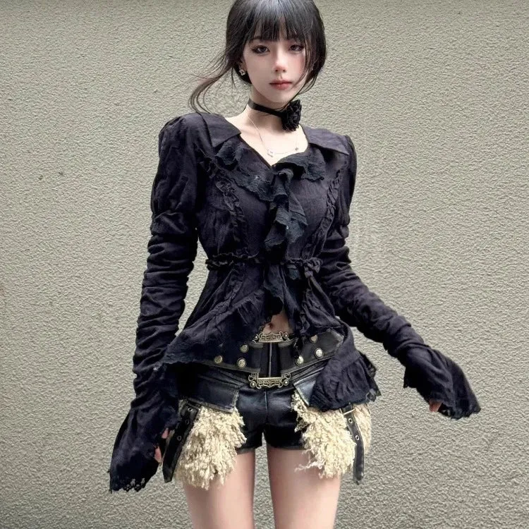 JazzHer Vintage V Neck Black Shirts Women Y2K Slim Waist Ruffles Blouses Grunge Long Sleeve Chic Pleated Tops Mujer Spring Autumn New