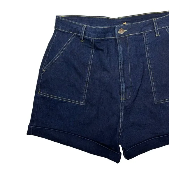 Joanie Wooster Dark Blue High Waisted Shorts Women's Long Pocket Denim Retro US