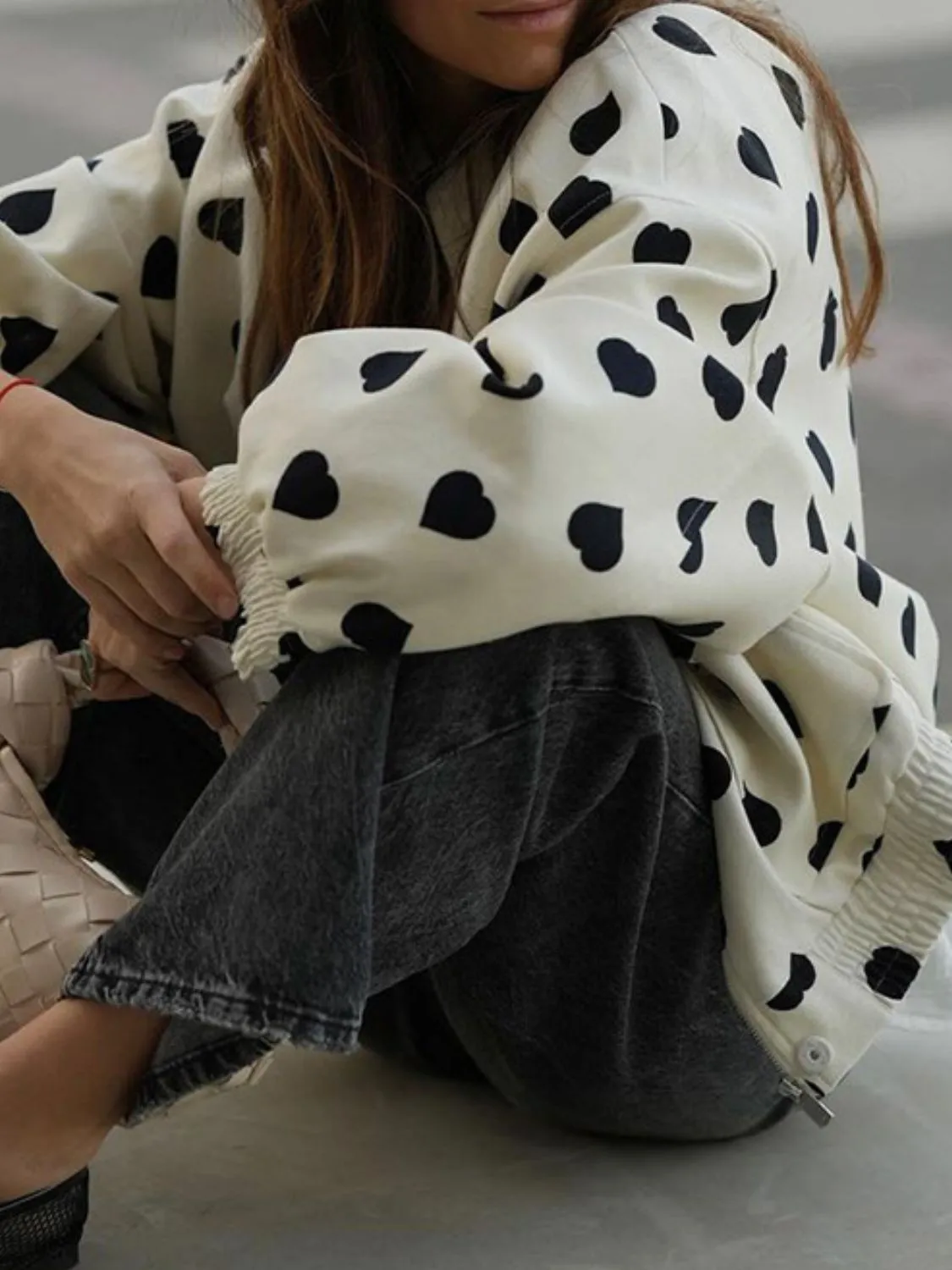 Kaia Heart Print Collared Neck Zip Up Jacket