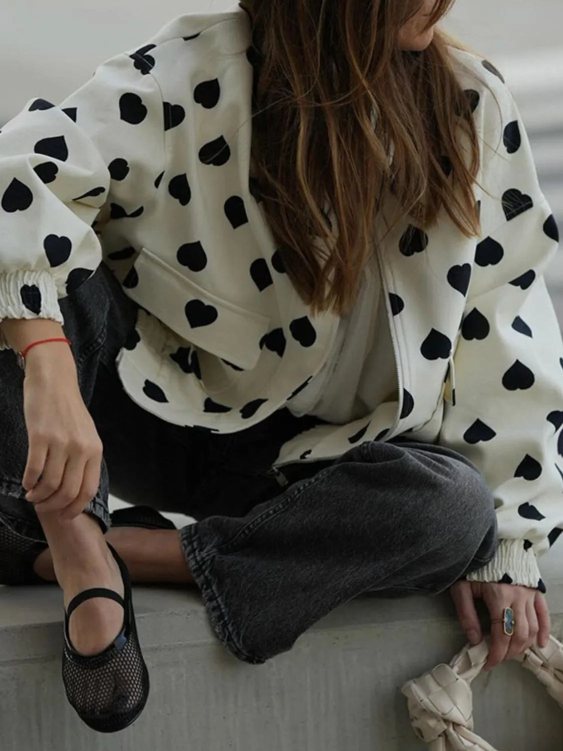 Kaia Heart Print Collared Neck Zip Up Jacket
