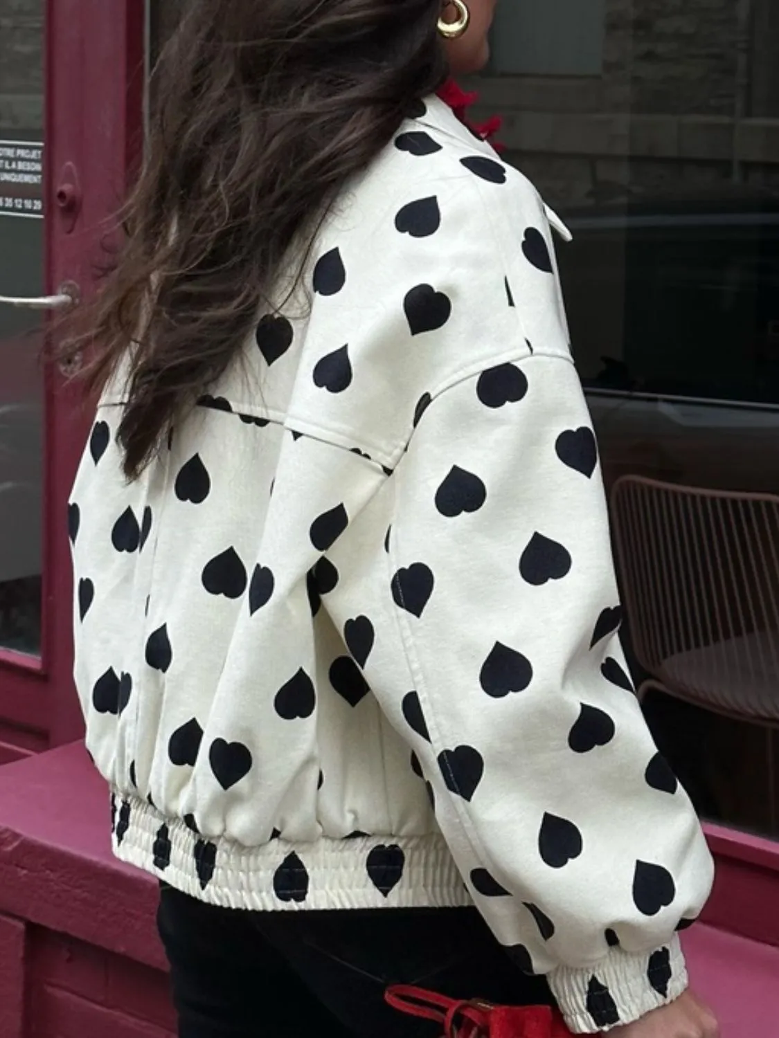 Kaia Heart Print Collared Neck Zip Up Jacket