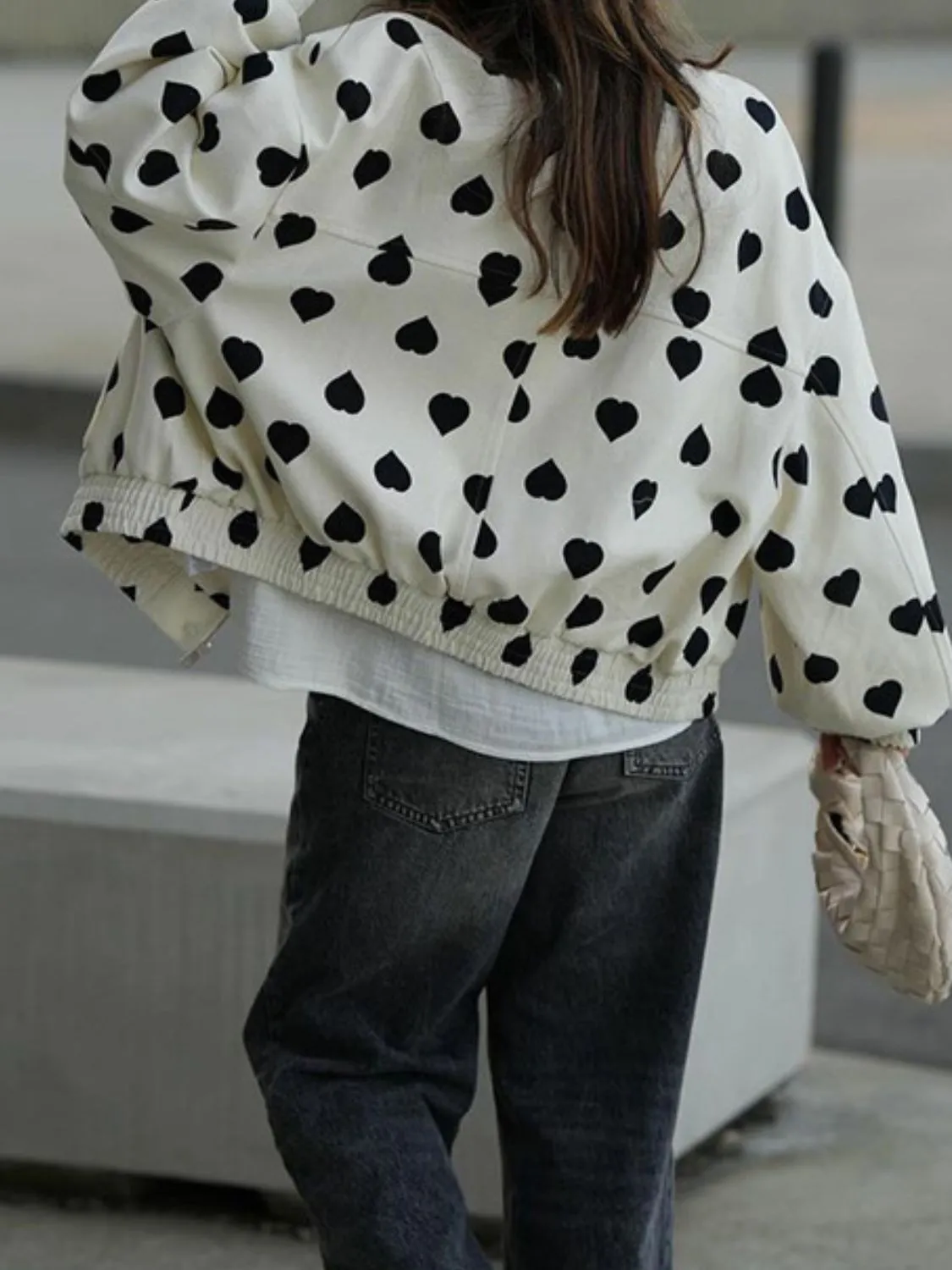 Kaia Heart Print Collared Neck Zip Up Jacket