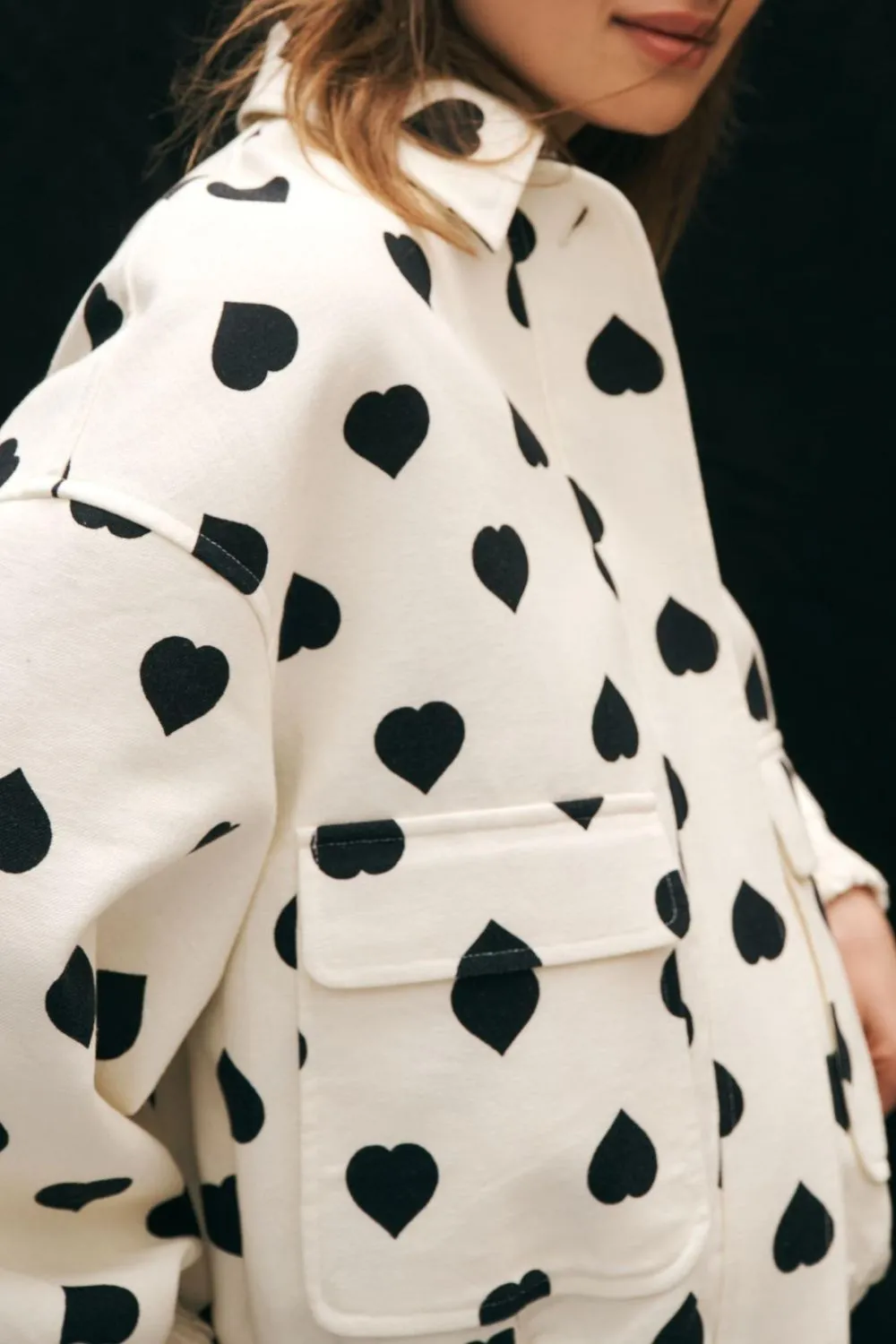 Kaia Heart Print Collared Neck Zip Up Jacket