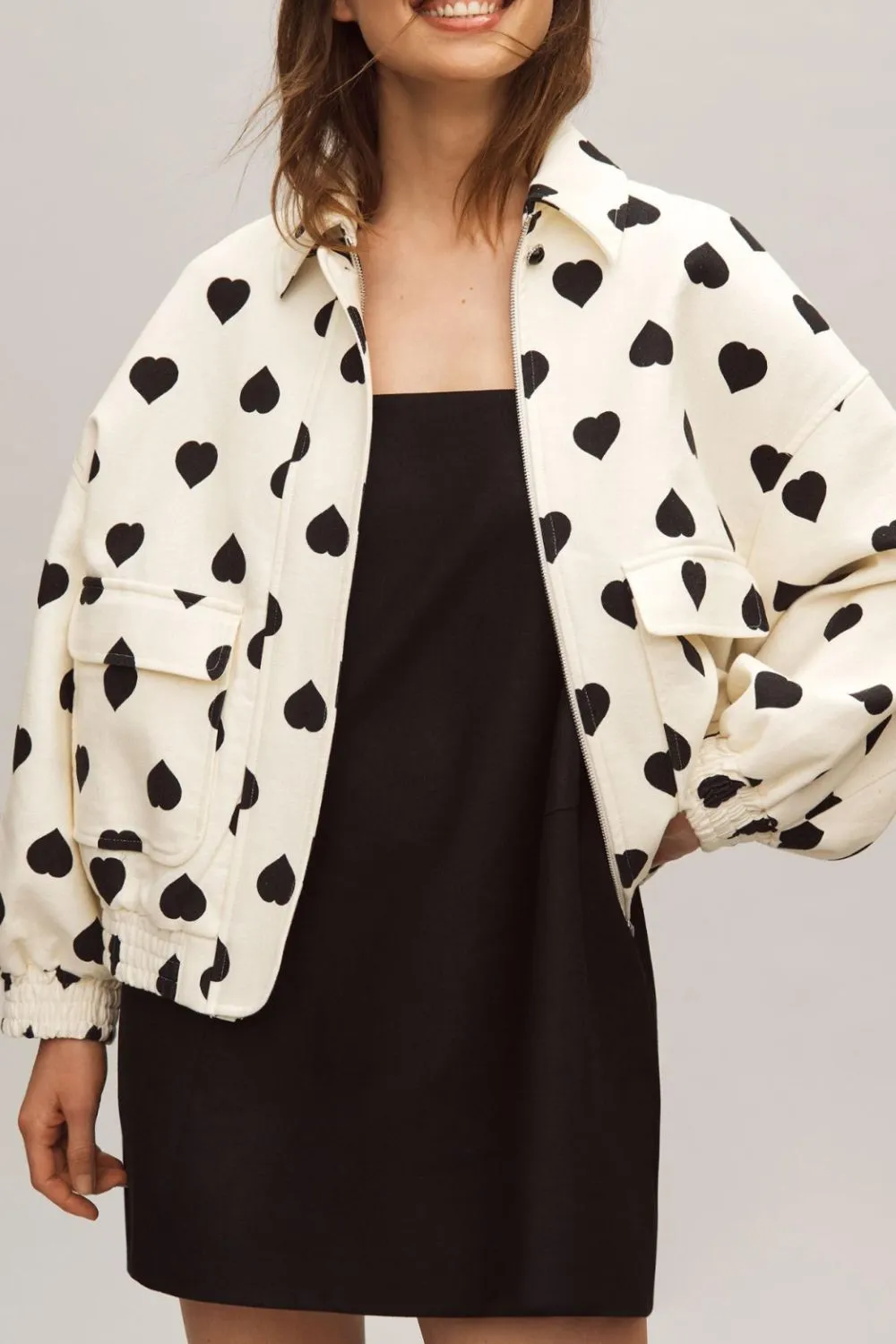 Kaia Heart Print Collared Neck Zip Up Jacket