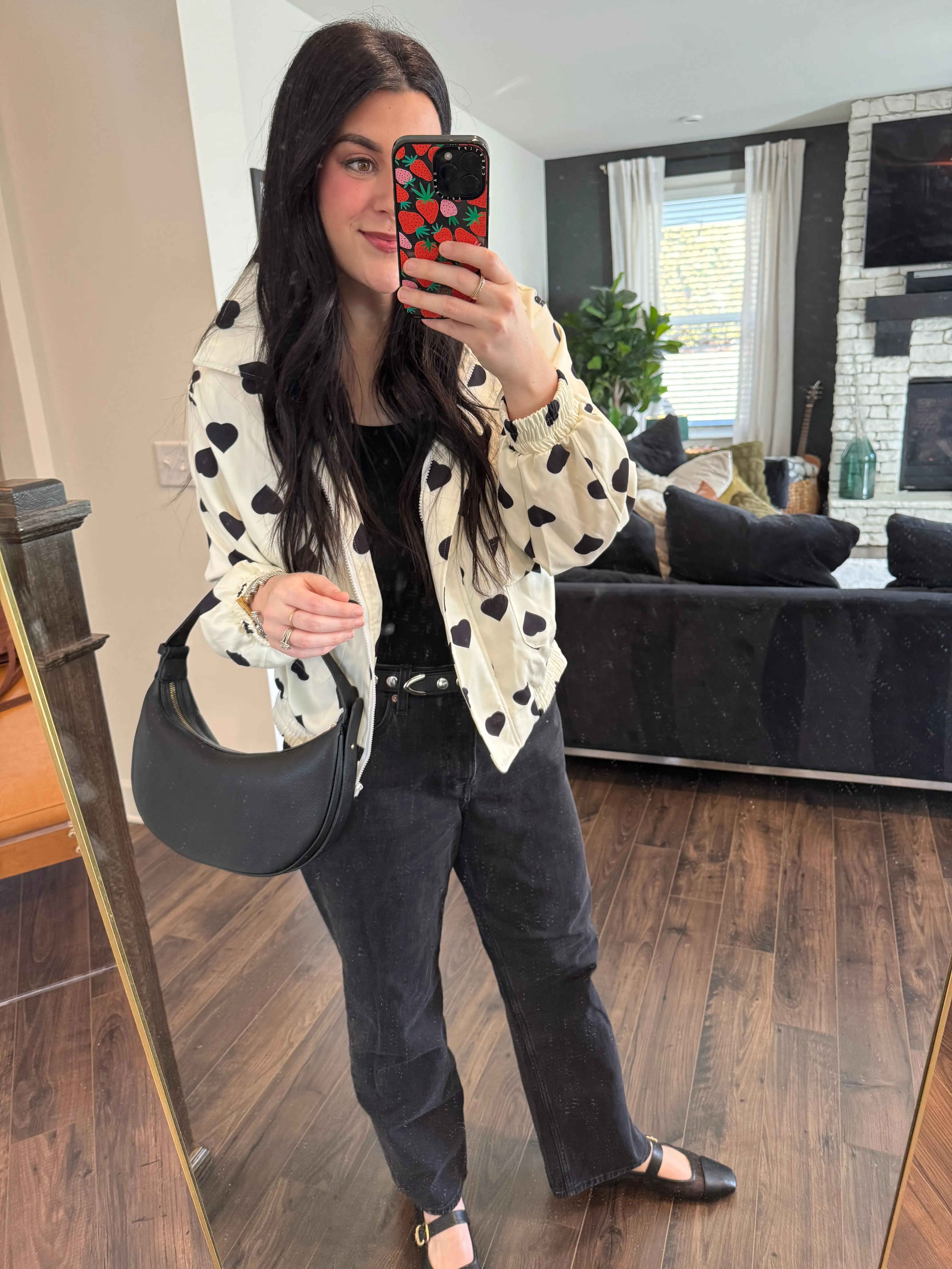 Kaia Heart Print Collared Neck Zip Up Jacket