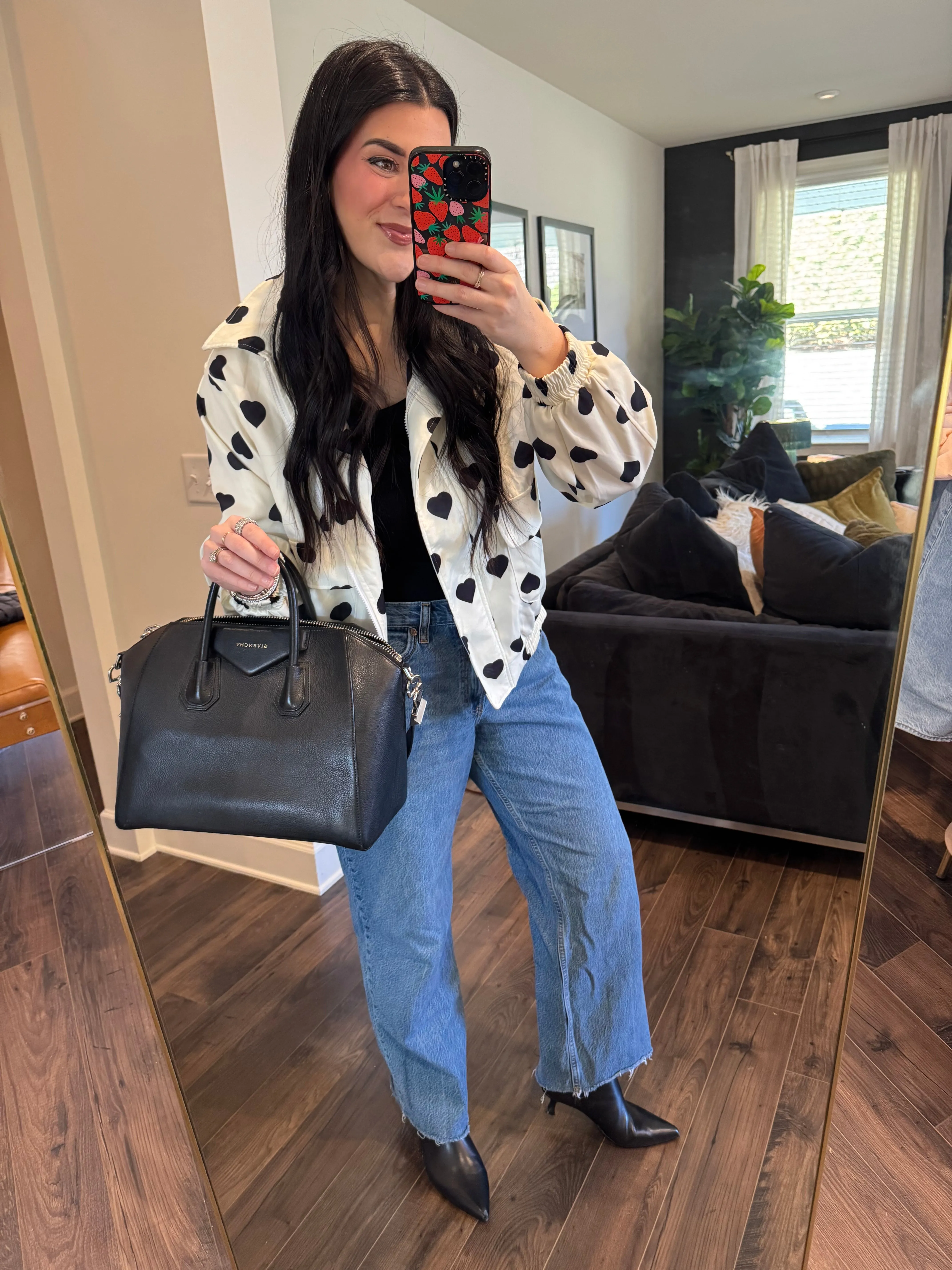 Kaia Heart Print Collared Neck Zip Up Jacket