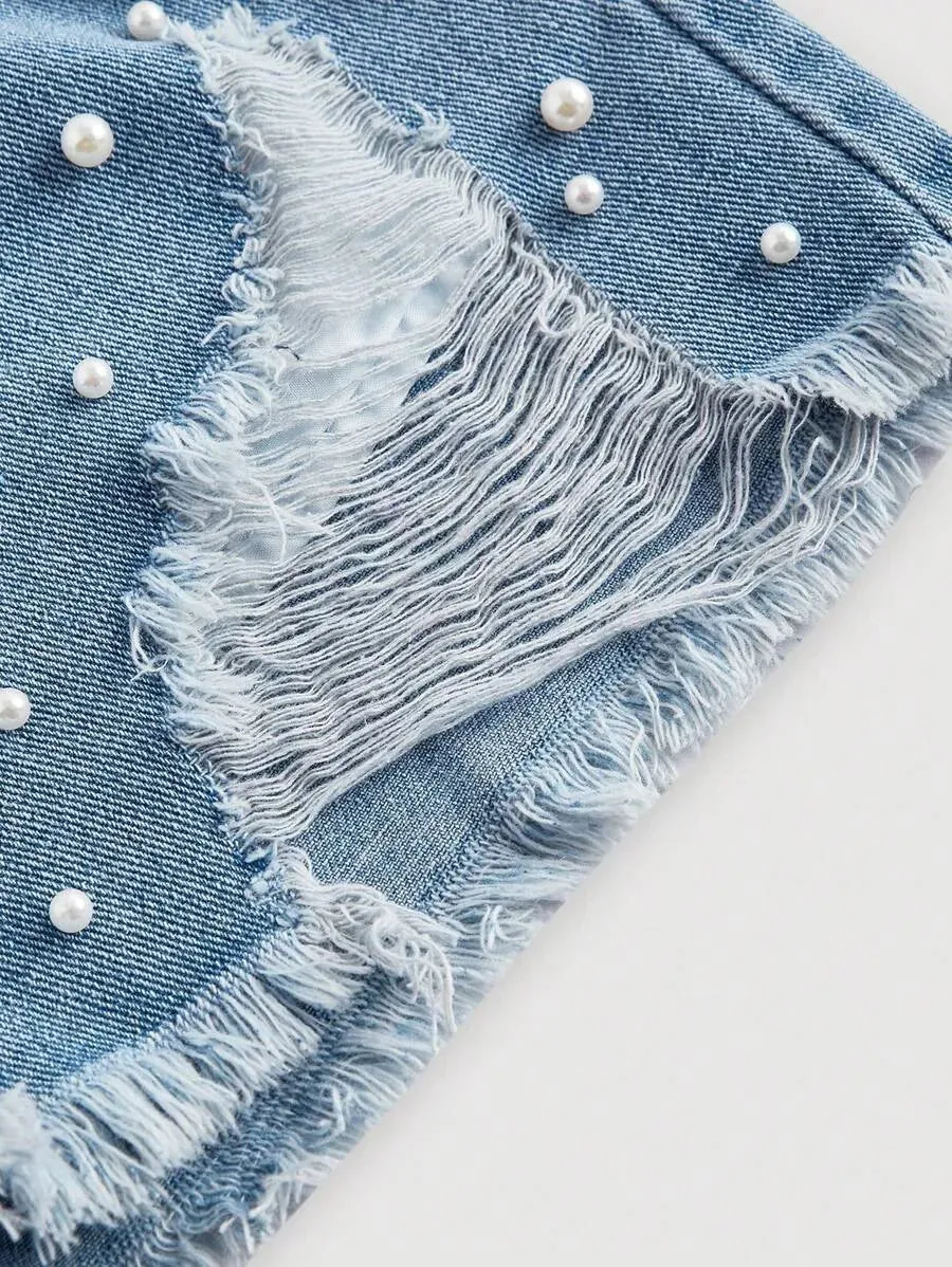 Khloe Denim Shorts Women with Bow and Pearl Detailing in Blue