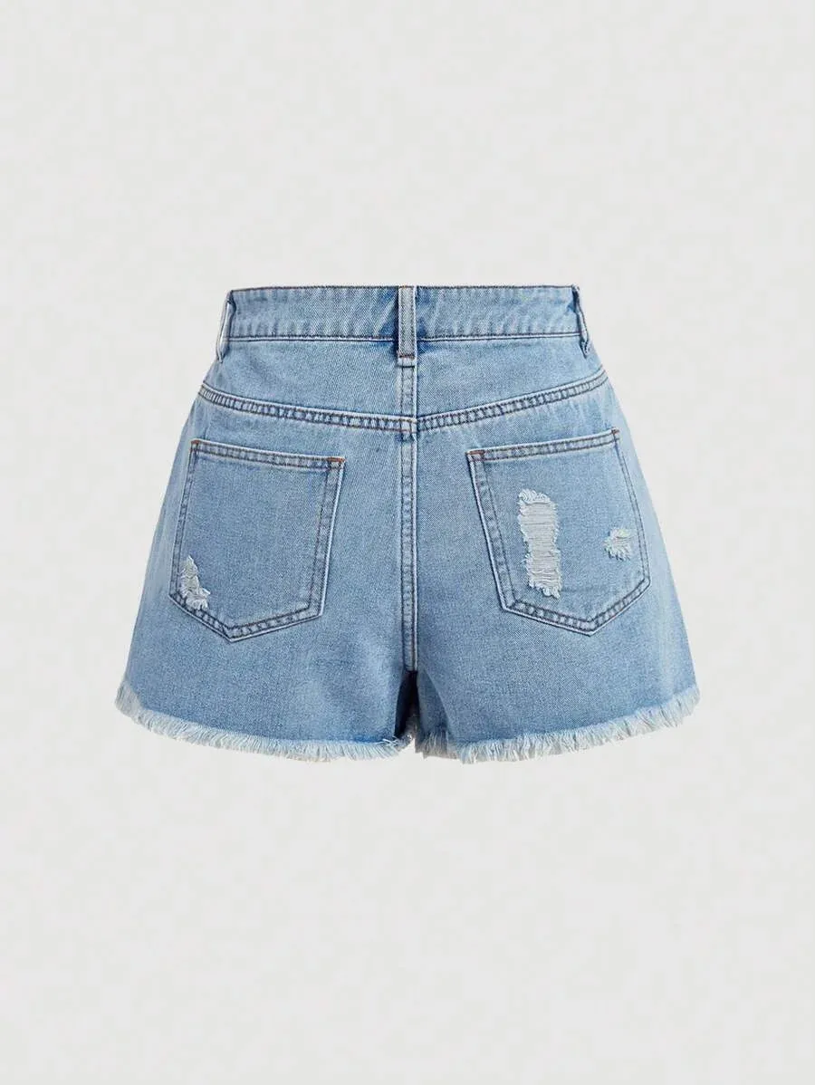 Khloe Denim Shorts Women with Bow and Pearl Detailing in Blue