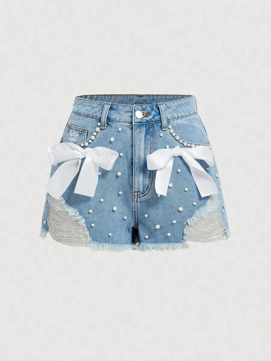Khloe Denim Shorts Women with Bow and Pearl Detailing in Blue
